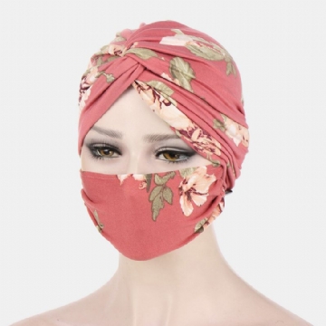 Ensemble De Masque Pour Bonnet Noué Pour Femme Polyester Feuilles Florales Tie-dye Motif Léopard Imprimé Bouton Anti-étranglement Respirant Turban Chapeau