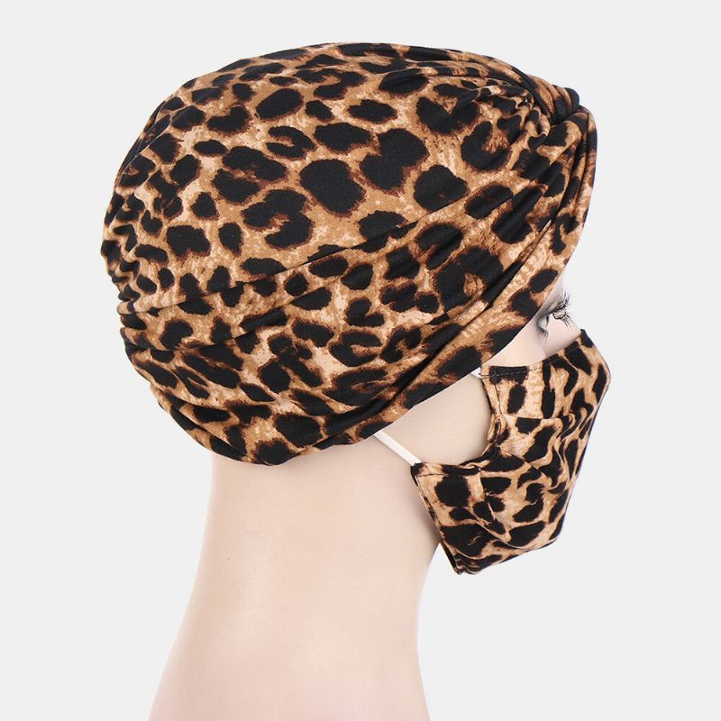 Ensemble De Masque Pour Bonnet Noué Pour Femme Polyester Feuilles Florales Tie-dye Motif Léopard Imprimé Bouton Anti-étranglement Respirant Turban Chapeau