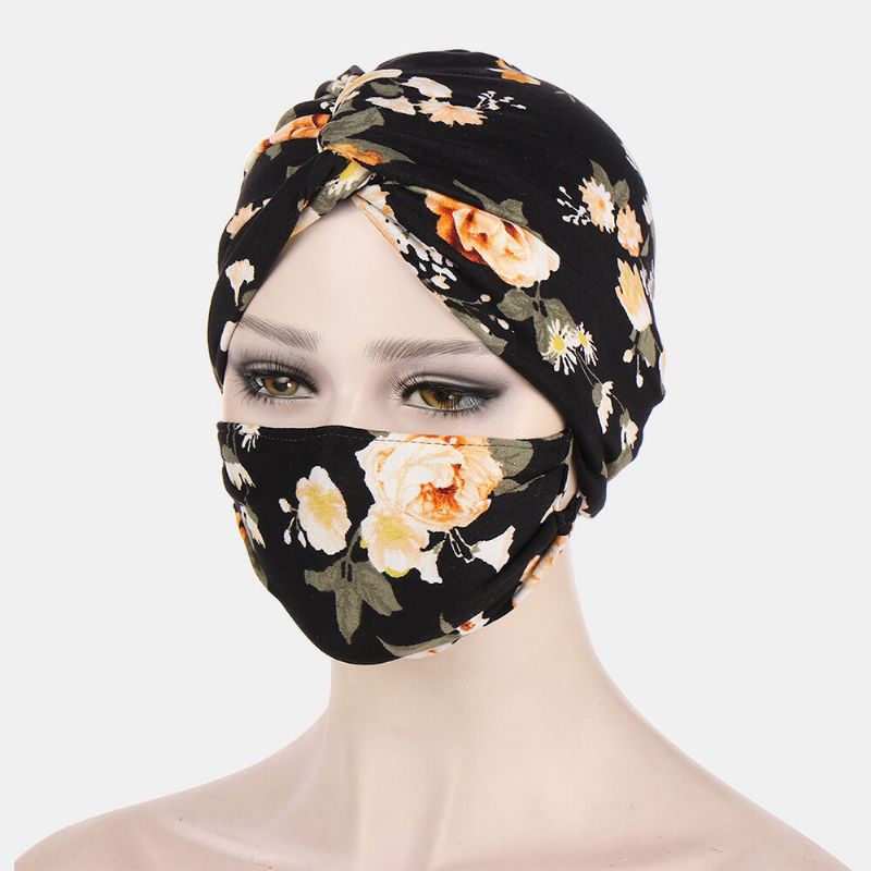 Ensemble De Masque Pour Bonnet Noué Pour Femme Polyester Feuilles Florales Tie-dye Motif Léopard Imprimé Bouton Anti-étranglement Respirant Turban Chapeau