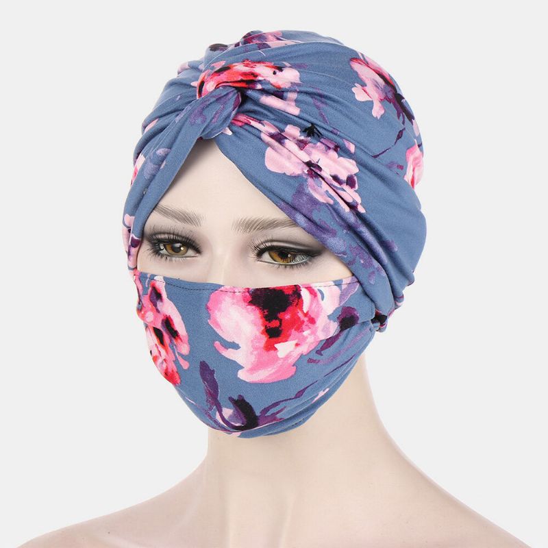 Ensemble De Masque Pour Bonnet Noué Pour Femme Polyester Feuilles Florales Tie-dye Motif Léopard Imprimé Bouton Anti-étranglement Respirant Turban Chapeau