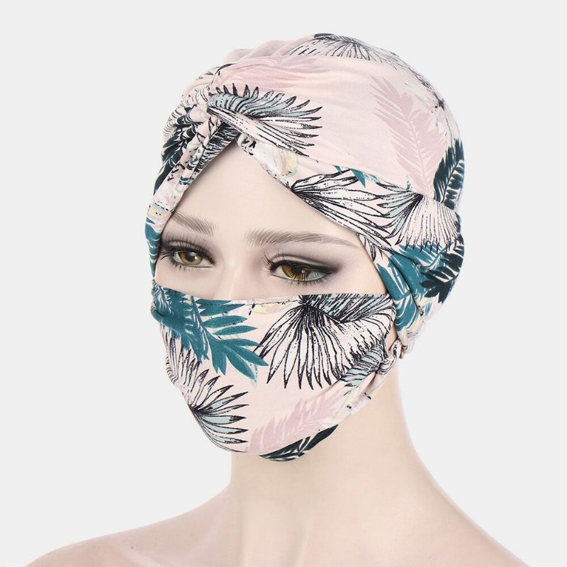 Ensemble De Masque Pour Bonnet Noué Pour Femme Polyester Feuilles Florales Tie-dye Motif Léopard Imprimé Bouton Anti-étranglement Respirant Turban Chapeau