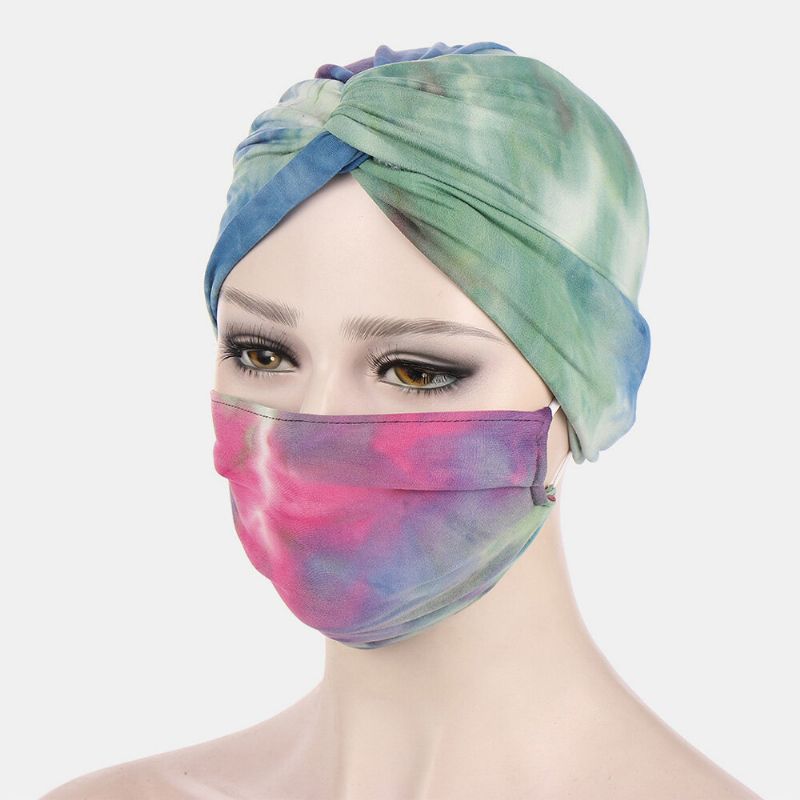 Ensemble De Masque Pour Bonnet Noué Pour Femme Polyester Feuilles Florales Tie-dye Motif Léopard Imprimé Bouton Anti-étranglement Respirant Turban Chapeau