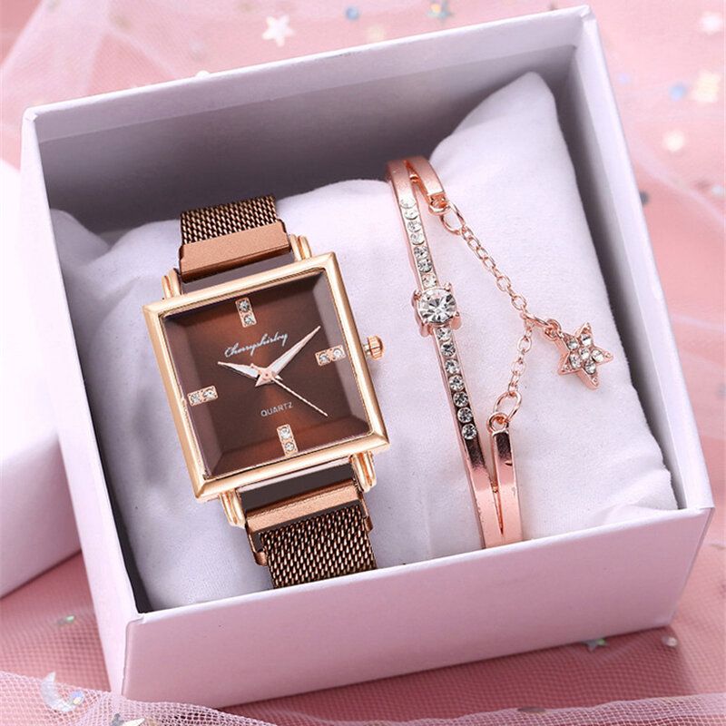 Ensemble De Montres À La Mode Pour Femmes Cadran Carré Créatif Boucle Magnétique En Acier Inoxydable Bracelet À Mailles Femmes Montre À Quartz Bracelet Élégant