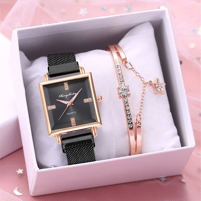 Ensemble De Montres À La Mode Pour Femmes Cadran Carré Créatif Boucle Magnétique En Acier Inoxydable Bracelet À Mailles Femmes Montre À Quartz Bracelet Élégant