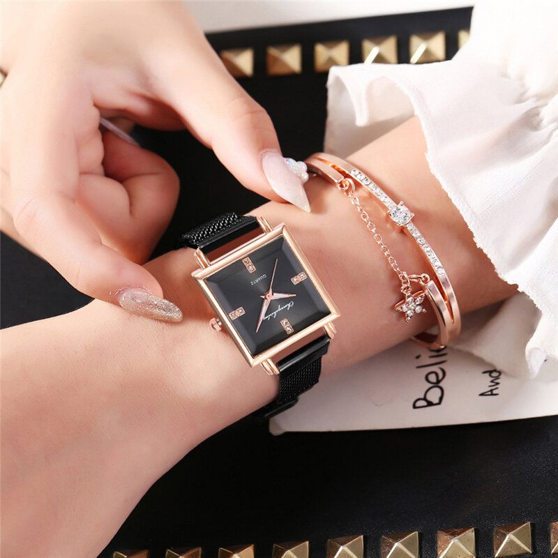 Ensemble De Montres À La Mode Pour Femmes Cadran Carré Créatif Boucle Magnétique En Acier Inoxydable Bracelet À Mailles Femmes Montre À Quartz Bracelet Élégant