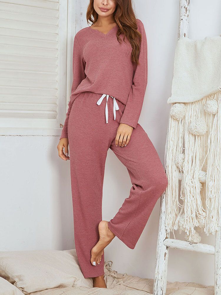 Ensemble De Pyjama Deux Pièces À Col En V Pour Femmes Couleur Unie Grande Taille