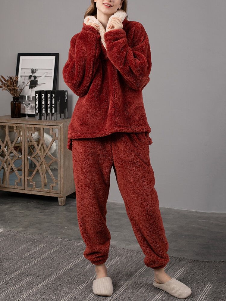 Ensemble De Pyjamas Chauds En Peluche Moelleuse Pour Femmes