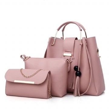 Ensemble De Trois Pièces En Similicuir Pour Femme Sac À Main À Pompon Sac À Bandoulière Pochette