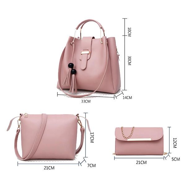 Ensemble De Trois Pièces En Similicuir Pour Femme Sac À Main À Pompon Sac À Bandoulière Pochette