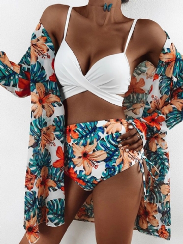 Ensembles De Maillots De Bain Bikinis Taille Haute Imprimé Plantes Tropicales Avec Cache-maillot