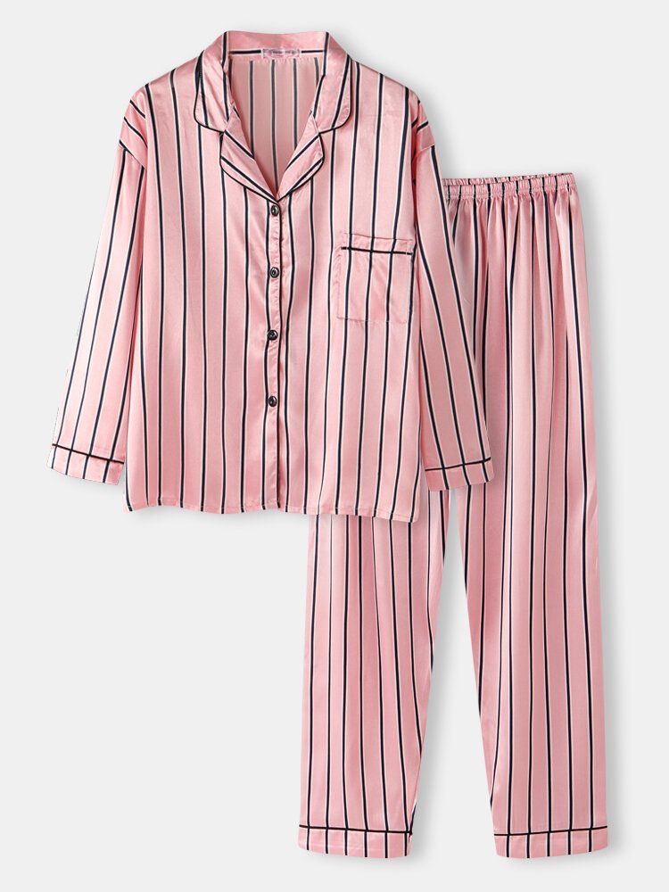 Ensembles De Pyjama En Fausse Soie Pour Femmes À Rayures Roses Et Col De Camp À Manches Longues