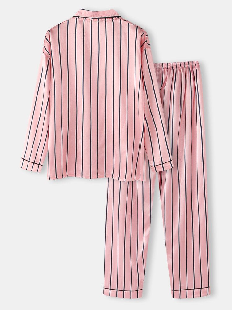 Ensembles De Pyjama En Fausse Soie Pour Femmes À Rayures Roses Et Col De Camp À Manches Longues