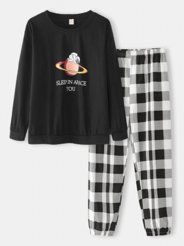 Ensembles De Pyjamas En Coton À Col Rond Avec Imprimé Astronaute De Dessin Animé Pour Femmes Avec Pantalon À Carreaux À Revers