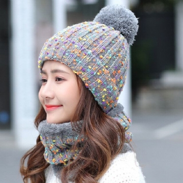 Épais Chaud Bonnet En Laine Bavoir Ensemble Deux Pièces Bonnet Chaud Hiver Pom Bonnet