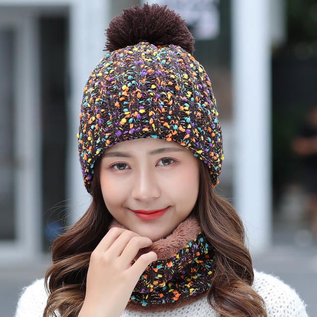 Épais Chaud Bonnet En Laine Bavoir Ensemble Deux Pièces Bonnet Chaud Hiver Pom Bonnet