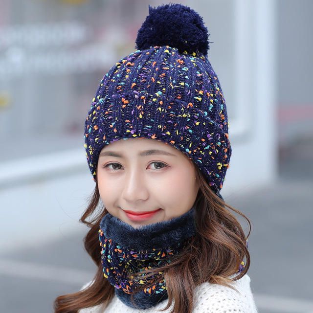 Épais Chaud Bonnet En Laine Bavoir Ensemble Deux Pièces Bonnet Chaud Hiver Pom Bonnet