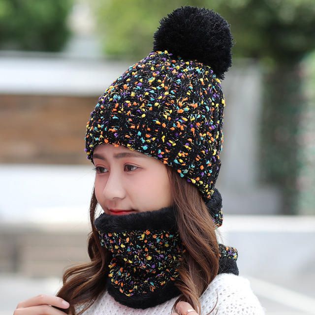 Épais Chaud Bonnet En Laine Bavoir Ensemble Deux Pièces Bonnet Chaud Hiver Pom Bonnet