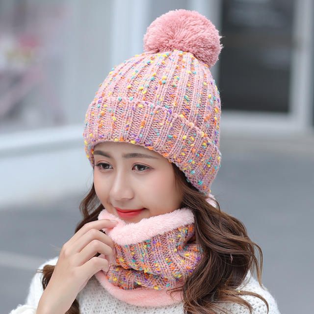 Épais Chaud Bonnet En Laine Bavoir Ensemble Deux Pièces Bonnet Chaud Hiver Pom Bonnet