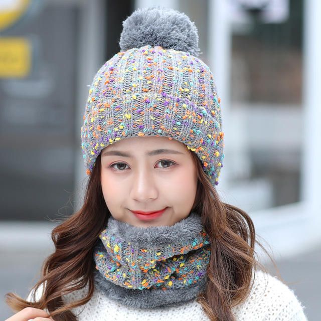 Épais Chaud Bonnet En Laine Bavoir Ensemble Deux Pièces Bonnet Chaud Hiver Pom Bonnet