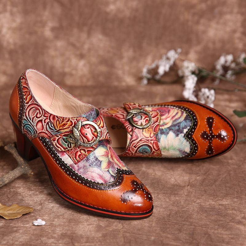 Escarpins À Talons Épais En Cuir Véritable Vintage Socofy