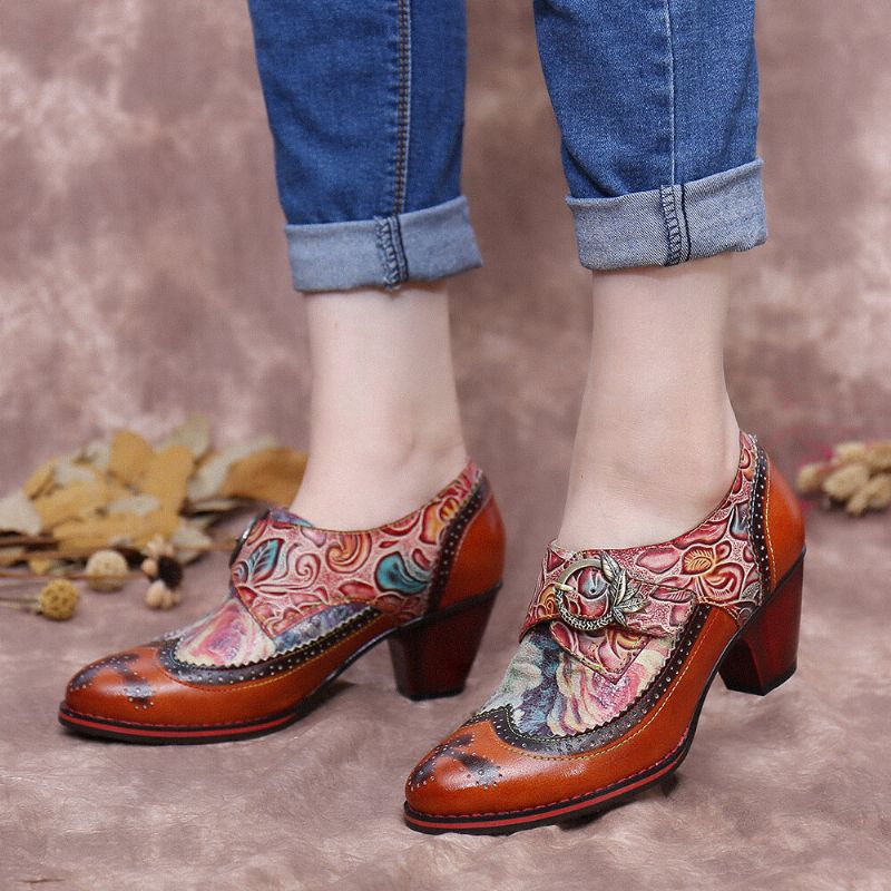 Escarpins À Talons Épais En Cuir Véritable Vintage Socofy