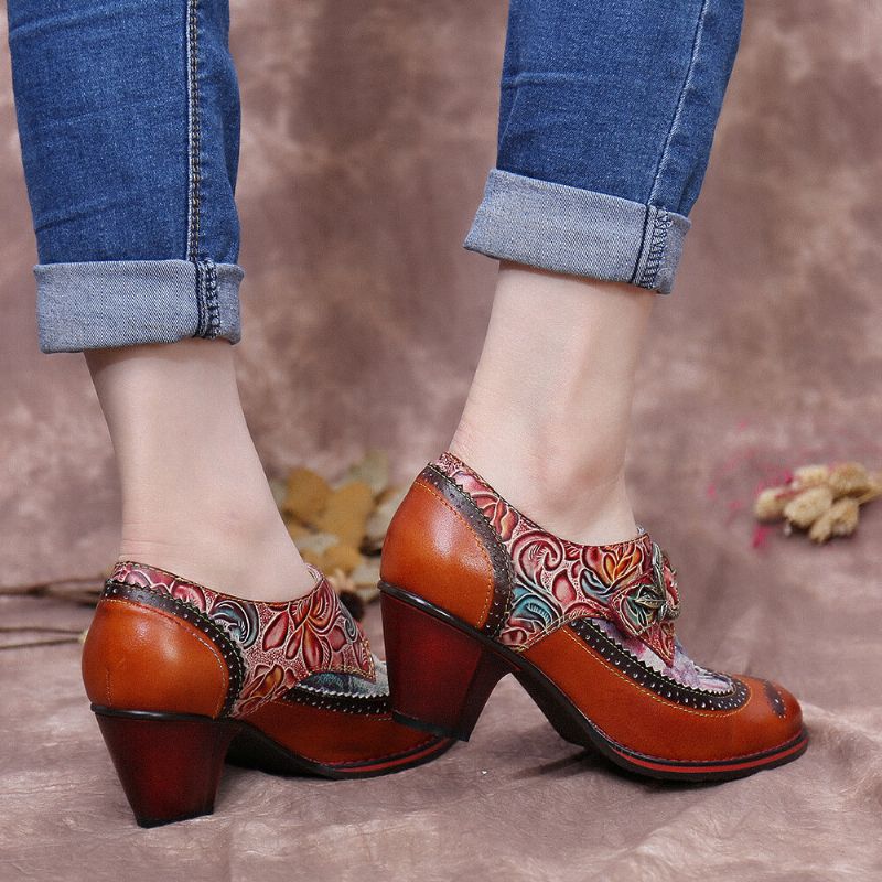 Escarpins À Talons Épais En Cuir Véritable Vintage Socofy