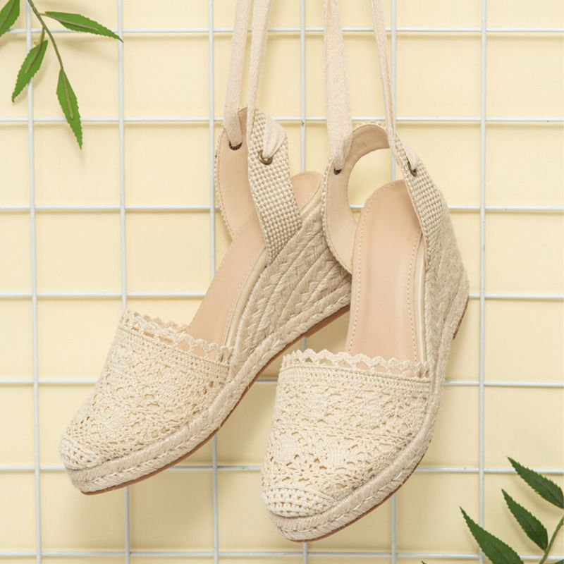 Espadrilles Compensées En Dentelle À Bout Fermé Pour Femmes