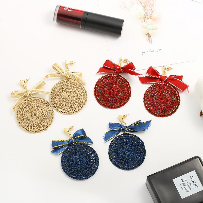 Ethnique Bowknot Plaque Ronde Charme Boucles D'oreilles Tressé Vintage Piercing Boucle D'oreille Pour Les Femmes