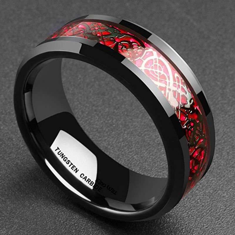 Ethnique Solide En Fiber De Carbone Bagues Vintage Rouge Dragon Motif Bague Bijoux Pour Hommes