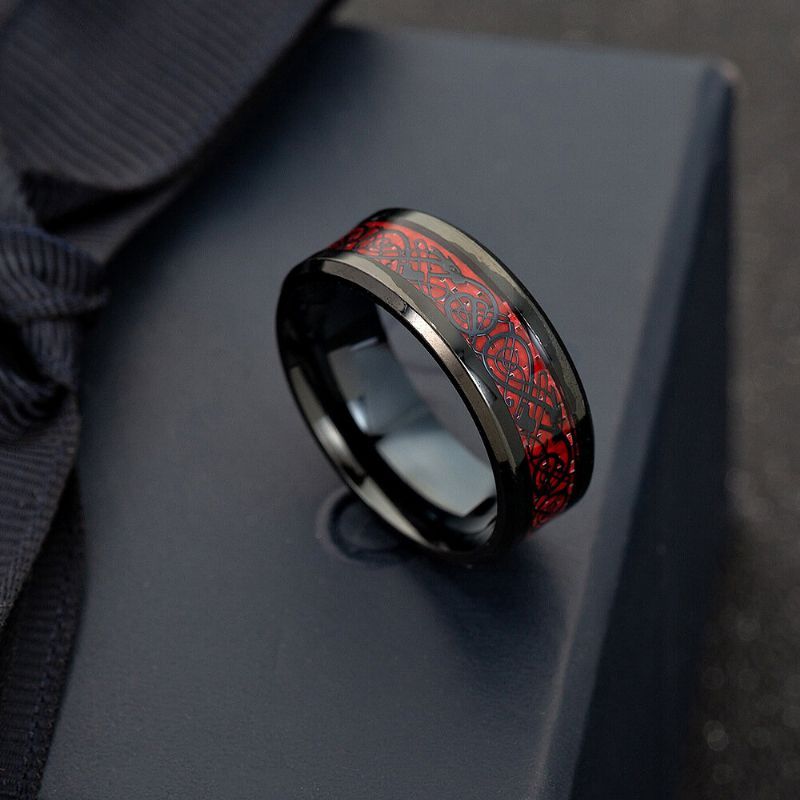 Ethnique Solide En Fiber De Carbone Bagues Vintage Rouge Dragon Motif Bague Bijoux Pour Hommes