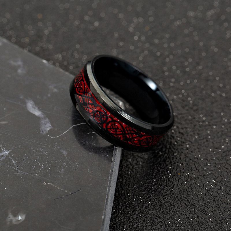 Ethnique Solide En Fiber De Carbone Bagues Vintage Rouge Dragon Motif Bague Bijoux Pour Hommes