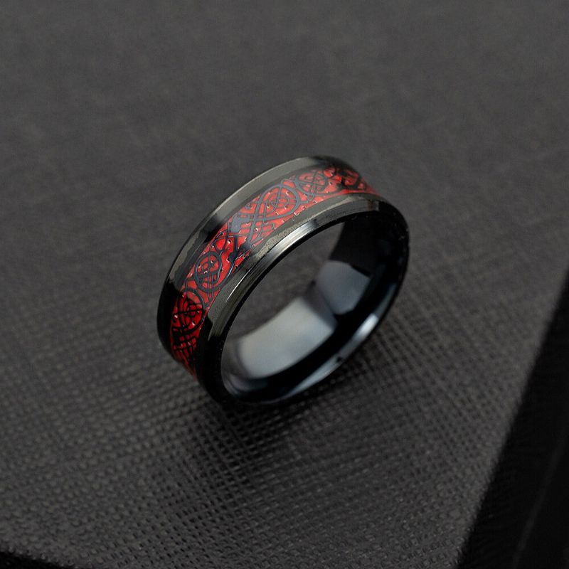 Ethnique Solide En Fiber De Carbone Bagues Vintage Rouge Dragon Motif Bague Bijoux Pour Hommes