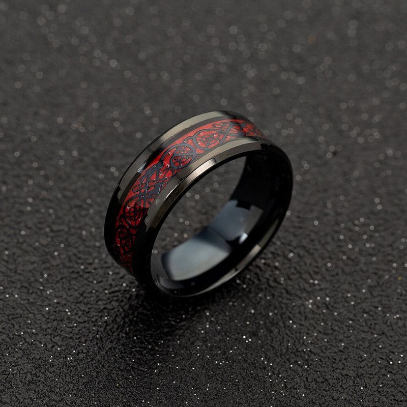 Ethnique Solide En Fiber De Carbone Bagues Vintage Rouge Dragon Motif Bague Bijoux Pour Hommes