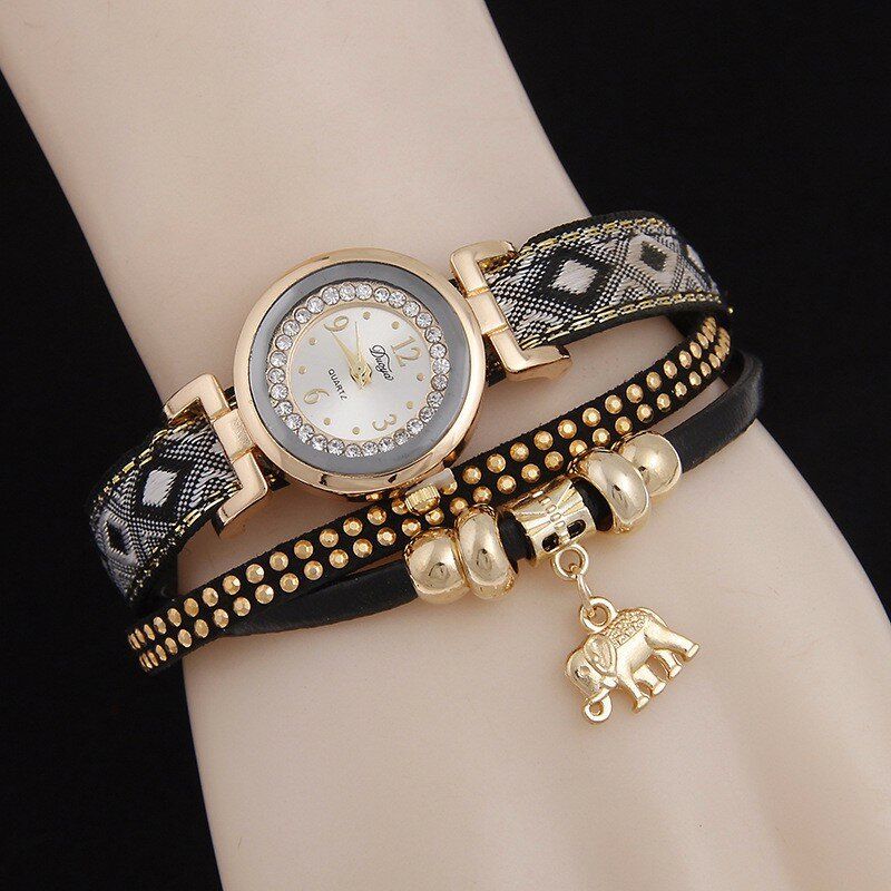 Fashion Casual Rivet Diamond Elephant Pendant Women Quartz Watch