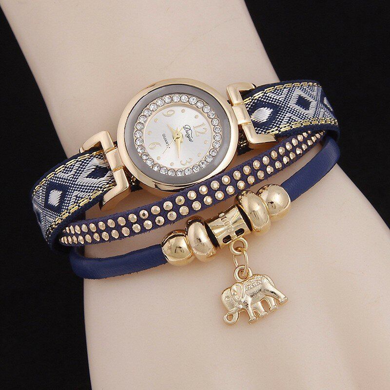 Fashion Casual Rivet Diamond Elephant Pendant Women Quartz Watch