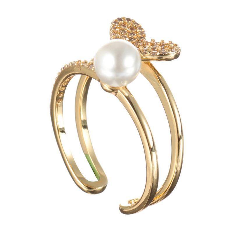 Fashion Open End Ring 18k Plaqué Or Zircone Double Couche Coeur Perle Anneau Pour Les Femmes