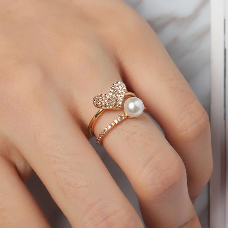 Fashion Open End Ring 18k Plaqué Or Zircone Double Couche Coeur Perle Anneau Pour Les Femmes