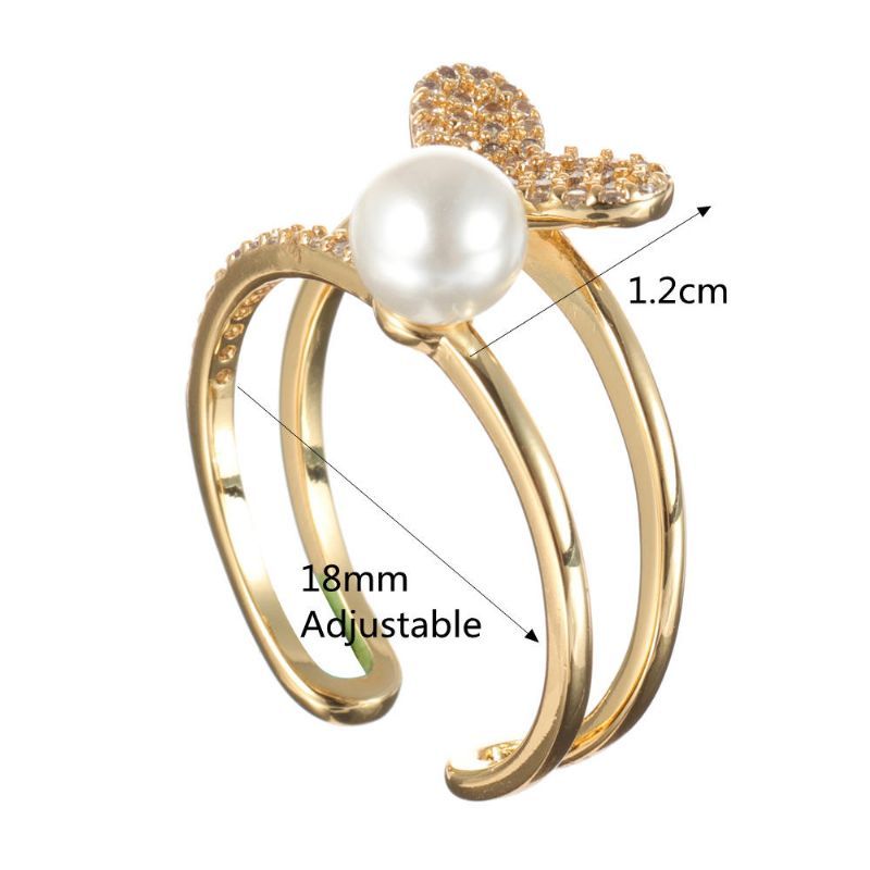 Fashion Open End Ring 18k Plaqué Or Zircone Double Couche Coeur Perle Anneau Pour Les Femmes