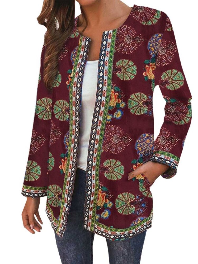 Femme 100% Coton Bohème Loisirs Fleurs Contraste Couleur Poches Latérales Manteau