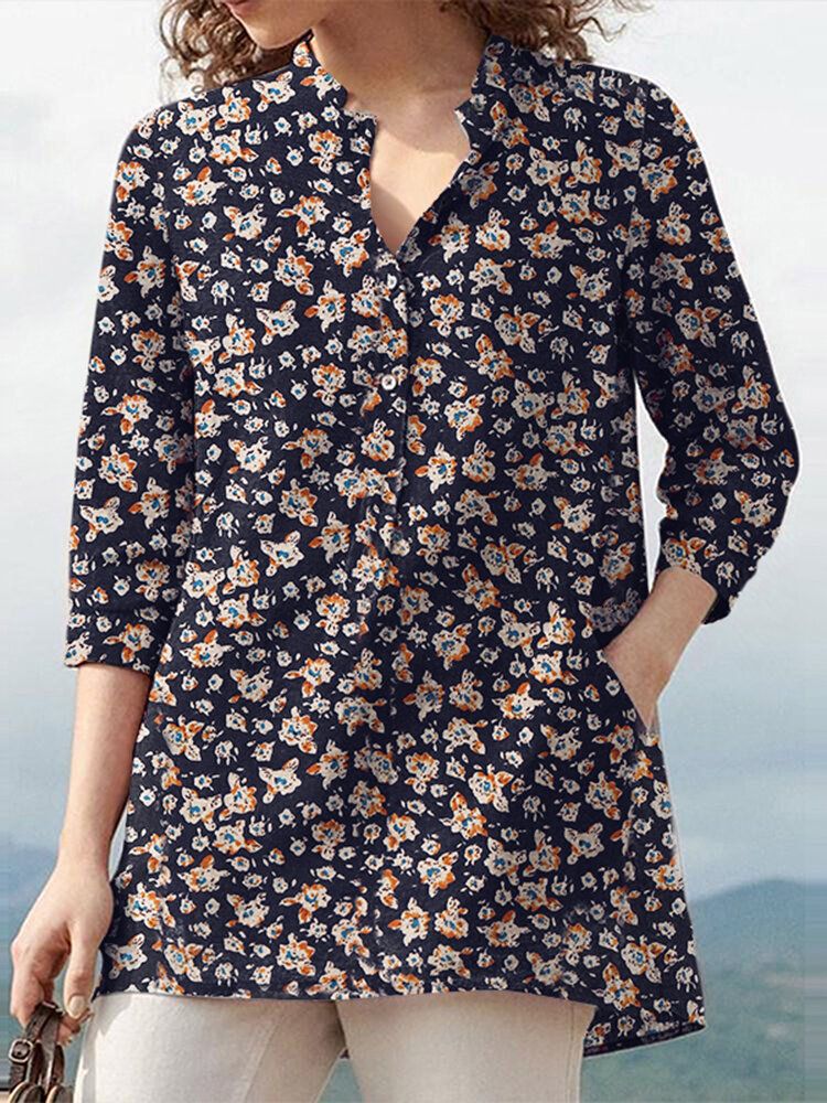 Femme 100% Coton Floral Loisirs Bohème Style Rétro Col V Poches Latérales Blouse