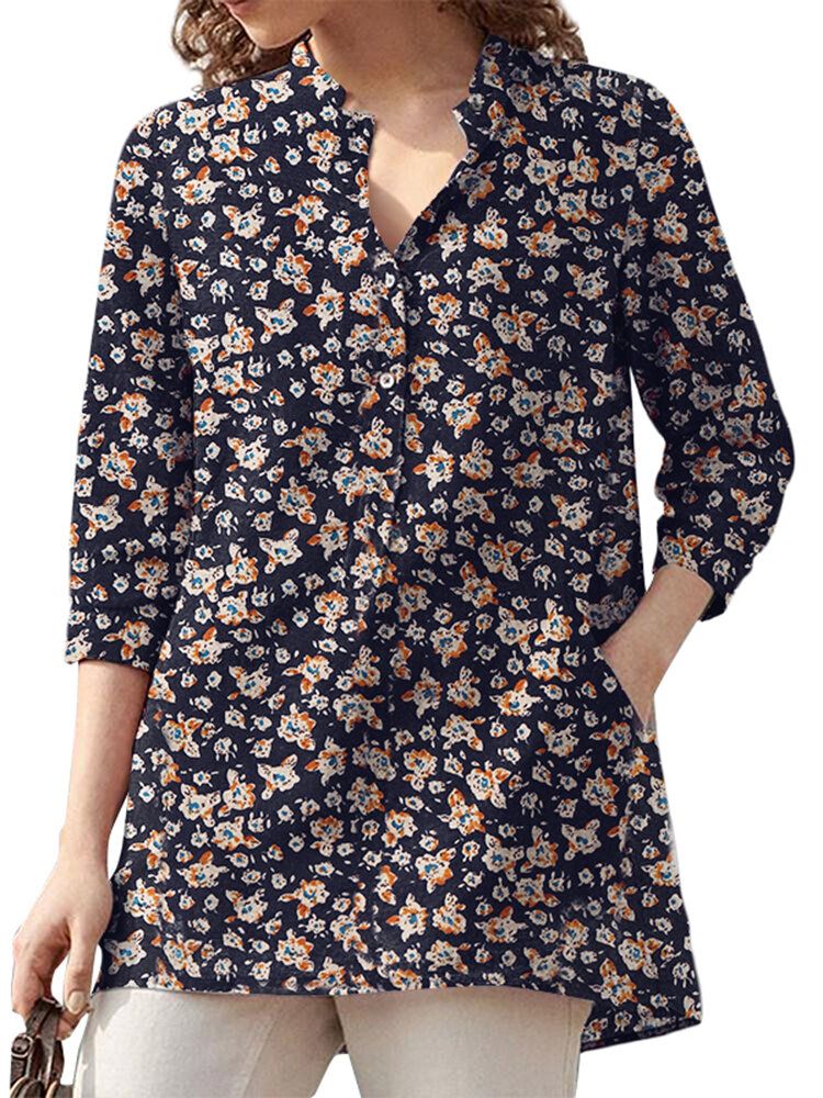 Femme 100% Coton Floral Loisirs Bohème Style Rétro Col V Poches Latérales Blouse