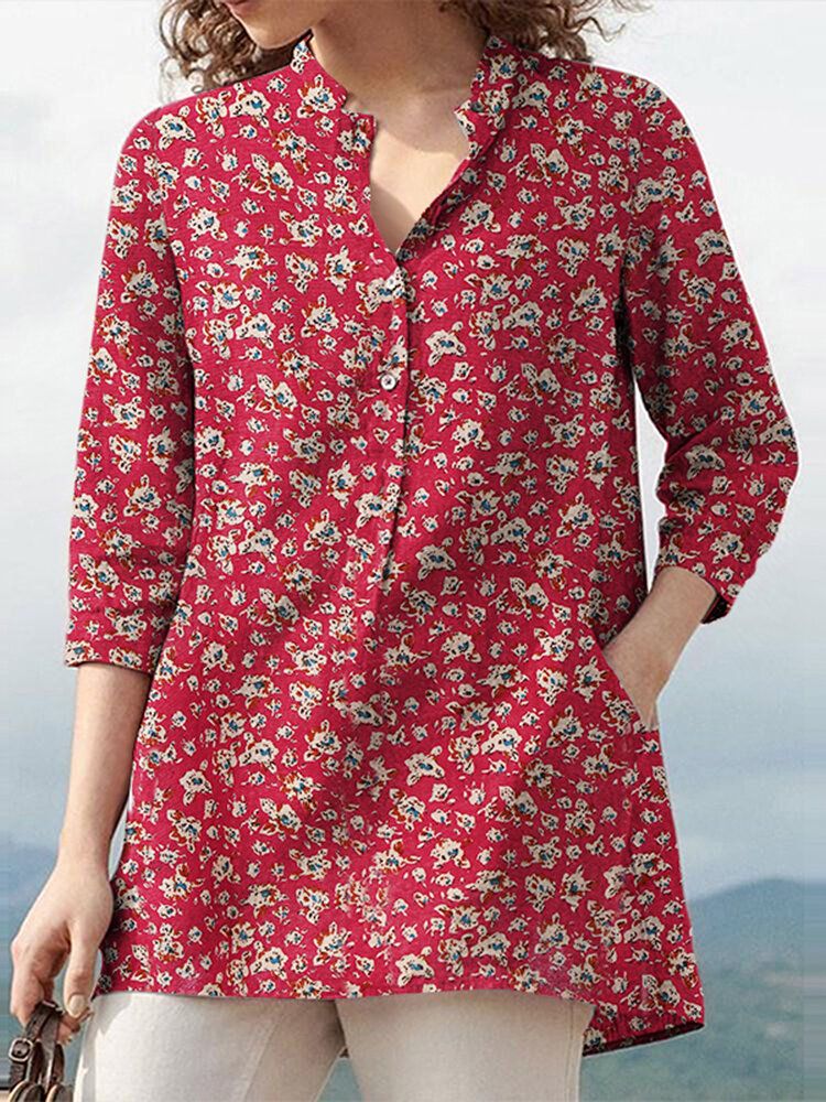 Femme 100% Coton Floral Loisirs Bohème Style Rétro Col V Poches Latérales Blouse