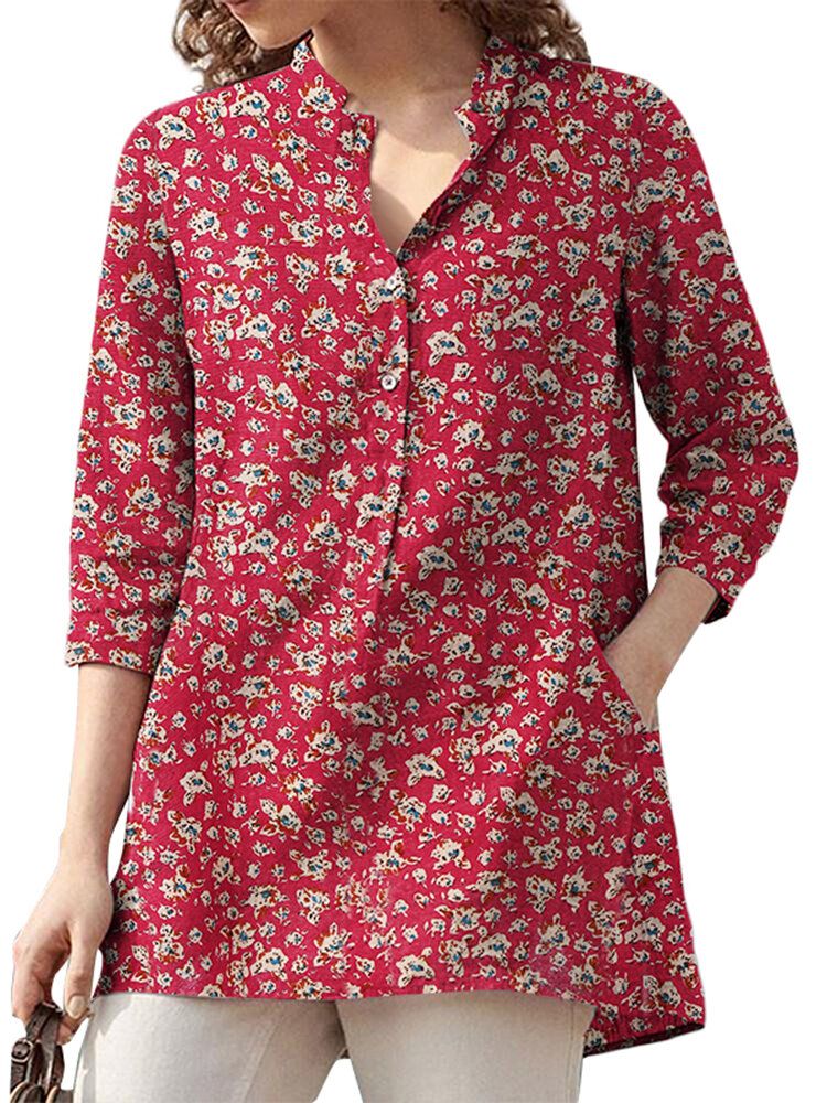 Femme 100% Coton Floral Loisirs Bohème Style Rétro Col V Poches Latérales Blouse