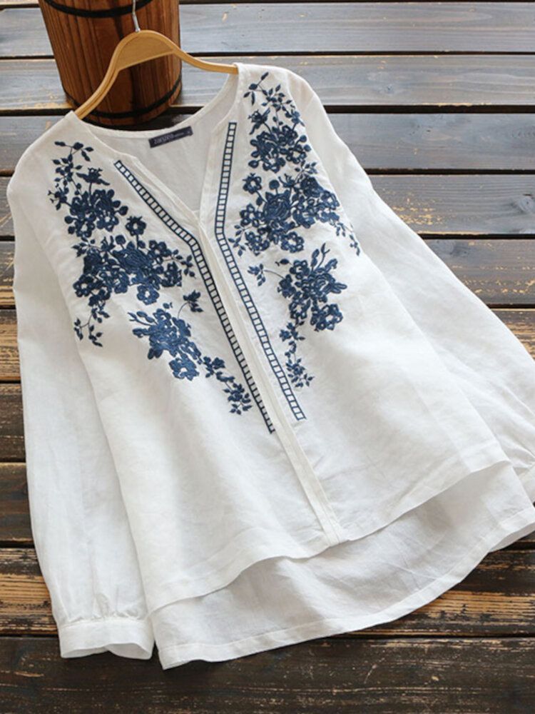 Femme 100% Coton Motifs De Broderie À Col En V Chemisier Lâche Décontracté