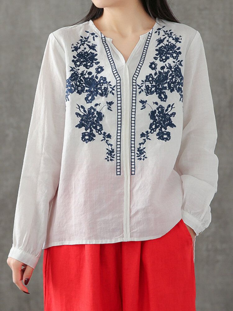 Femme 100% Coton Motifs De Broderie À Col En V Chemisier Lâche Décontracté