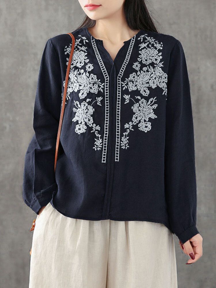 Femme 100% Coton Motifs De Broderie À Col En V Chemisier Lâche Décontracté