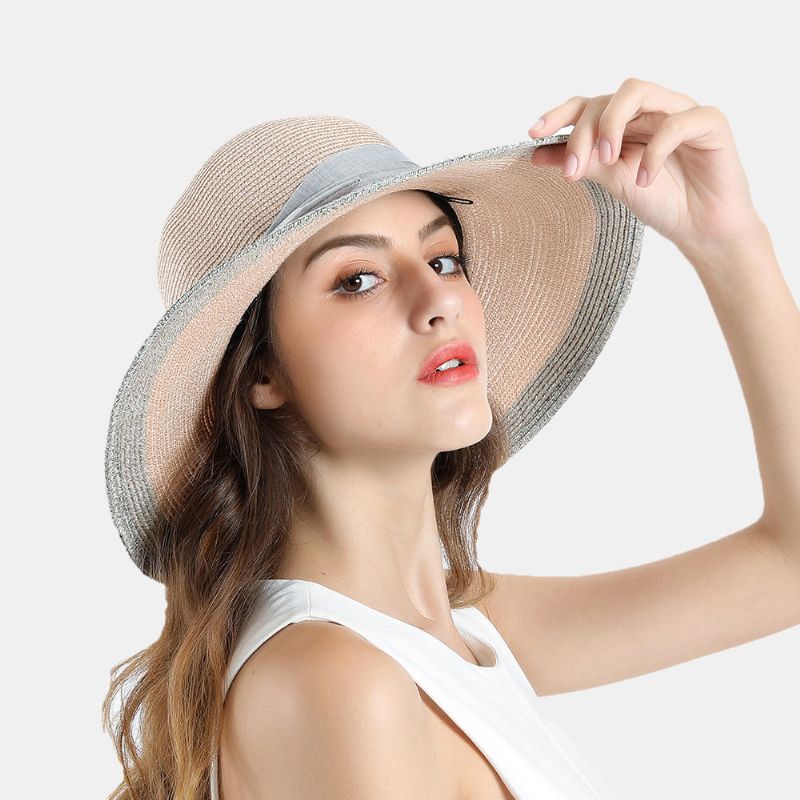 Femme Couleur Unie Coton Avec Noeud En Lin Voyage Vacances Soleil Bord De Mer Chapeau