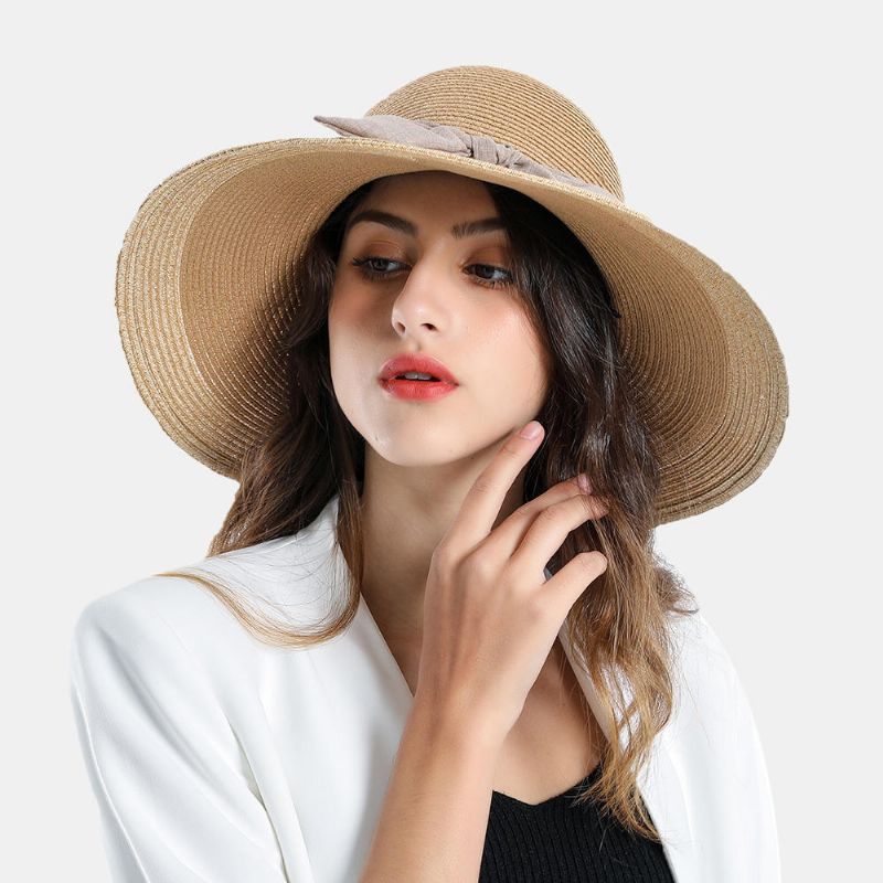 Femme Couleur Unie Coton Avec Noeud En Lin Voyage Vacances Soleil Bord De Mer Chapeau