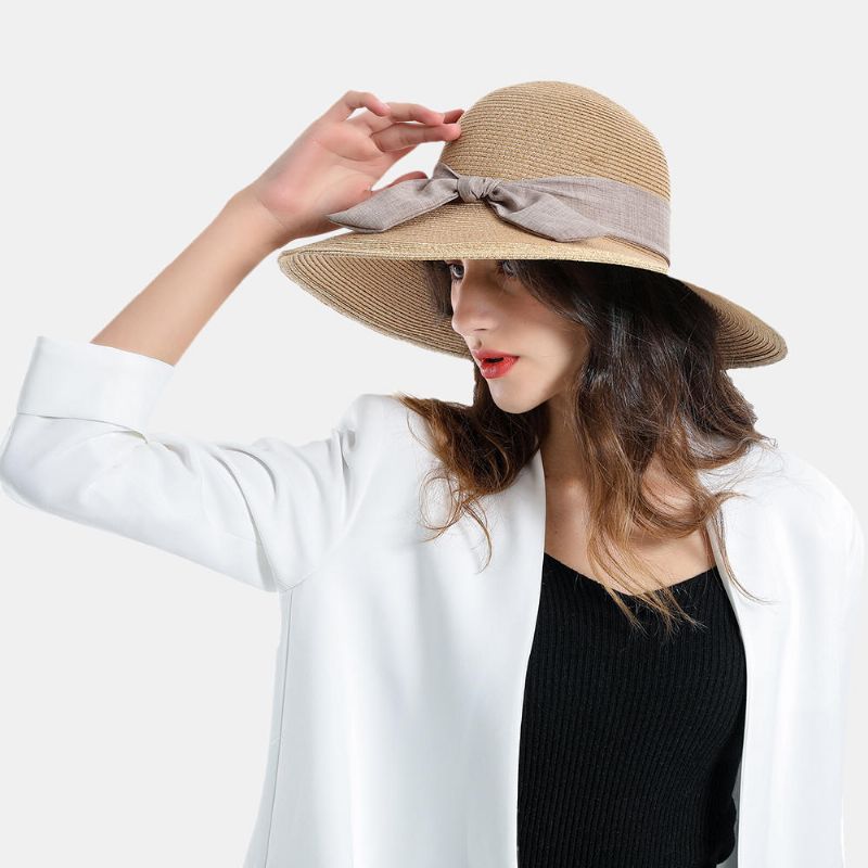 Femme Couleur Unie Coton Avec Noeud En Lin Voyage Vacances Soleil Bord De Mer Chapeau