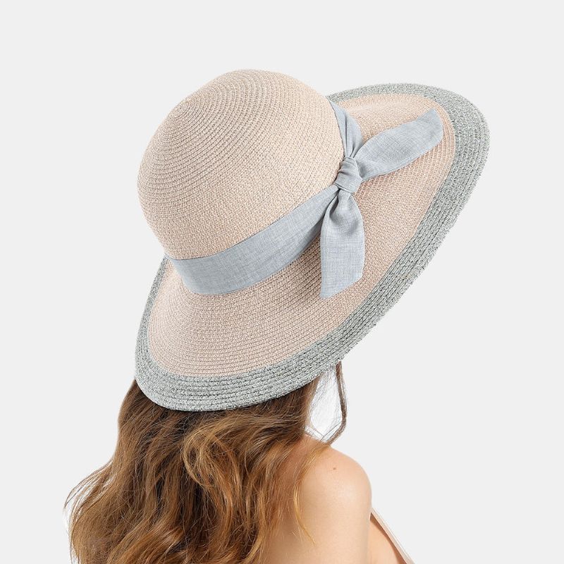 Femme Couleur Unie Coton Avec Noeud En Lin Voyage Vacances Soleil Bord De Mer Chapeau